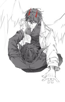 2boys abs black_coat black_hair black_shirt boy_on_top coat collared_shirt demon_horns feathered_wings grin hand_on_another&#039;s_face highres horns kim_dokja looking_at_another male_focus multiple_boys naasmcuti2217 official_alternate_costume omniscient_reader&#039;s_viewpoint open_clothes open_coat popped_collar shirt short_hair smile spot_color toned toned_male white_coat wings yoo_joonghyuk