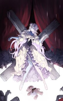 1girl 9999_soon absurdres ballerina ballet ballet_slippers black_corset blue_skin colored_skin corset curtains doll doll_joints empty_eyes flower glowing glowing_eyes hair_flower hair_ornament highres joints knees_together_feet_apart long_hair marionette mechabare original pale_skin patchwork_skin puppet puppet_strings stitched_face stitched_neck stitches string stuffed_animal stuffed_toy stuffing teddy_bear thread torn torn_clothes undead white_hair zombie