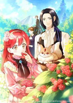 2boys 2girls black_bow black_hair black_pants black_vest blue_eyes blue_sky blurry blurry_foreground bow bowl braid brooch brown_eyes brown_hair cloud cloudy_sky commentary_request copyright_request day depth_of_field dress eating food forehead hair_bun hair_over_shoulder highres holding holding_bowl holding_food jewelry long_hair long_sleeves low_ponytail mountain multiple_boys multiple_girls official_art outdoors pants parted_bangs pierorabu pink_dress ponytail puffy_long_sleeves puffy_sleeves red_hair shirt sky vest white_shirt