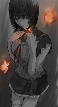 1girl amakura_mayu bandaged_leg bandages bob_cut bug butterfly camisole camisole_over_clothes commentary cowboy_shot fatal_frame fatal_frame_ii:_crimson_butterfly gauss_<bokashi gradient_background grey_background greyscale hands_on_own_chest hands_up highres insect miniskirt monochrome parted_lips red_butterfly red_ribbon ribbon shirt short_hair short_sleeves sketch skirt solo spot_color standing