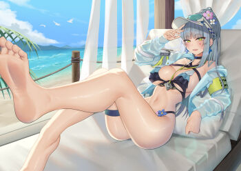 :d absurdres bare_shoulders beach bikini black_bikini black_choker blue_flower blue_hair blue_jacket blush breasts choker commentary_request cropped_jacket cross day earrings eyewear_on_head face-to-face flower frilled_bikini frills full_body girls'_frontline girls'_frontline_2:_exilium green_eyes hair_flower hair_ornament half-closed_eyes hand_up heart heart_choker highleg highleg_bikini highres hk416_(girls'_frontline) iron_cross jacket jewelry klukai_(cerulean_breaker)_(girls'_frontline_2) klukai_(girls'_frontline_2) knees_up leg_up legs lying medium_breasts moriyama_a ocean on_back open_clothes open_jacket open_mouth outdoors pink_flower ponytail smile sunglasses swimsuit teardrop thigh_strap thighs visor_cap white_flower