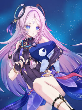 Rule 34 | 1girl, absurdres, black gloves, black leotard, blue nails, blue skirt, blush, braid, breasts, citlali (genshin impact), commentary request, end1018aki, facial mark, fingerless gloves, fingernails, genshin impact, gloves, highres, itzpapa (genshin impact), leotard, long hair, medium breasts, multiple girls, nail polish, open mouth, pink hair, purple hair, ring hair ornament, skirt, solo, very long hair