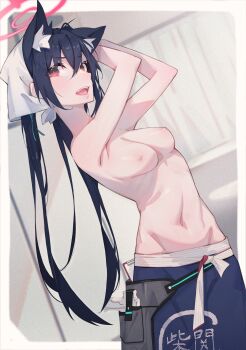 1girl animal_ear_fluff animal_ears armpits arms_up bandana black_hair blue_archive blue_skirt breasts cat_ears cat_girl commentary_request cowboy_shot gun halo handgun highres holstered long_hair looking_at_viewer looking_to_the_side medium_breasts navel nipples open_mouth print_skirt red_eyes red_halo serika_(blue_archive) serika_(waitress)_(blue_archive) shika002 sideways_glance skirt solo standing stomach topless_female weapon white_bandana