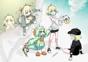 5girls :o absurdres amano_pikamee amano_pikamee_(1st_costume) amano_pikamee_(dinosaur_hoodie) amano_pikamee_(isekai) amano_pikamee_(isekai_monster) amano_pikamee_(voms_black) animal_ears black_hairband black_hat black_shirt black_shoes black_shorts blonde_hair blush_stickers climbing clothes_tug commentary dinosaur_costume dinosaur_hood dinosaur_tail double_bun drawstring dress from_behind green_dress green_eyes green_hoodie green_nails hair_bun hairband hat highres holding holding_kettle hood hood_up hoodie kettle kneeling long_sleeves multiple_girls multiple_persona nkmiyahara off-shoulder_shirt off_shoulder orange_slippers pulling_another's_clothes shirt shoes shorts signature sitting sleeves_past_wrists slippers sneakers steam tail virtual_youtuber voms white_shirt wide_sleeves wristband yellow_eyes