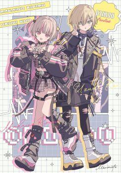 1boy 1girl belt black_belt black_jacket black_pantyhose blonde_hair brown_hair character_name choker crop_top drawstring drop_shadow fashion fingerless_gloves full_body gloves green_eyes grid_background hair_bobbles hair_ornament hashtag-only_commentary heart heart_hands highres hood hood_down hoodie jacket jewelry leg_warmers looking_at_viewer makaino_ririmu makaino_ririmu_(6th_costume) midriff miniskirt moo_n_moko multicolored_hair necklace nijisanji official_alternate_costume open_clothes open_jacket pantyhose pink_eyes pink_skirt plaid_clothes plaid_skirt shoes short_hair shorts skirt smile sneakers star_(symbol) star_hair_ornament streaked_hair torn_clothes torn_pantyhose two_side_up uzuki_kou uzuki_kou_(5th_costume) v virtual_youtuber