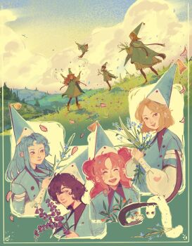 4girls agott_(tongari_boushi_no_atelier) black_hair blonde_hair blue_hair brushbuddy closed_eyes cloud cloudy_sky coco_(tongari_boushi_no_atelier) flying grass hat hat_tassel highres long_hair magic medium_hair multiple_girls multiple_views naasog open_mouth pink_hair qifrey&#039;s_atelier_apprentice_uniform richeh_(tongari_boushi_no_atelier) short_hair sky teeth tetia_(tongari_boushi_no_atelier) tongari_boushi_no_atelier tree upper_teeth_only