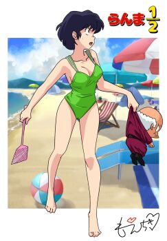 1boy 1girl artist_name ball beach beachball black_hair breasts cameltoe cleavage feet flyswatter full_body happosai highres moechiki one-piece_swimsuit ranma_1/2 short_hair swimsuit tendou_akane