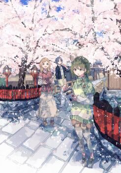 3girls :d absurdres ahoge aqua_eyes architecture asakura_toru blue_hair bobby_socks book bridge brown_dress brown_eyes brown_hair brown_shoes brown_shorts cable_knit cherry_blossoms clothes_writing commentary_request day denim denim_jacket dress east_asian_architecture falling_petals fence gradient_hair green_eyes green_hair green_sweater hair_ornament hairpin hand_up hands_up highres holding holding_book holding_skewer idolmaster idolmaster_shiny_colors index_finger_raised jacket jewelry kyoto lantern large_buttons location_request long_dress long_sleeves looking_up medium_hair multicolored_hair multiple_girls nanakusa_nichika open_mouth outdoors pavement pendant petals pink_ribbon pink_socks pink_sweater print_shirt purple_hair railing real_world_location ribbon sakuragi_mano second-party_source shiroshi_(denpa_eshidan) shirt shoes short-sleeved_sweater short_hair short_sleeves shorts skewer skirt sleeve_ribbon sleeves_rolled_up smile sneakers socks standing sweater swept_bangs three-quarter_sleeves tree_shade waist_ribbon white_shirt white_socks wooden_lantern yellow_skirt