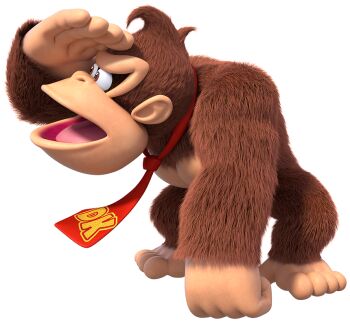 1boy 3d animal_feet arm_up body_fur brown_eyes brown_fur character_name clothes_writing donkey_kong donkey_kong_(series) feet full_body furry furry_male hand_on_ground leaning_forward looking_to_the_side male_focus monkey_boy muscular muscular_male necktie nintendo official_art open_mouth pectorals profile red_necktie shading_eyes simple_background solo standing third-party_source tongue transparent_background