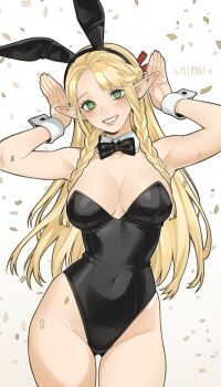 1girl absurdres animal_ears artist_name bare_shoulders black_leotard blonde_hair breasts cleavage collarbone commentary covered_navel dungeon_meshi elf english_commentary fake_animal_ears green_eyes hands_up highres leotard long_hair looking_at_viewer marcille_donato medium_breasts playboy_bunny pointy_ears rabbit_ears smile solo thighs yiiande