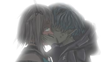 1boy 1girl arknights backlighting blue_hair blush choker closed_eyes colored_skin commentary english_commentary faust_(arknights) feather_hair green_eyes greythroat_(arknights) hair_ornament hand_on_another's_face hetero highres hood kiss orochi_herman pointy_ears short_hair surprise_kiss surprised tears white_background white_hair wide-eyed