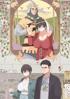 1boy 1girl absurdres ahoge armor black_coat black_hair blue_pants breasts brick_wall chainmail circlet cleavage closed_mouth coat commentary covered_erect_nipples crown cup denim disposable_coffee_cup disposable_cup dress english_commentary green_coat grey_shirt grin hand_in_pocket helmet highres jewelry knight large_breasts looking_to_the_side midriff navel necklace open_clothes open_coat original pants plant queroxix red_dress shirt short_hair smile tank_top vines white_tank_top