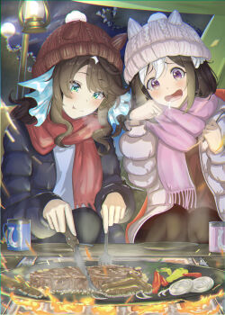 Rule 34 | 2girls, absurdres, alternate costume, animal ears, beanie, black hair, blue eyes, blush, brown hair, camp, commentary request, cooking, cup, daring tact (umamusume), drooling, food, hair between eyes, hair ornament, hat, highres, horse ears, horse girl, lamp, meat, moon, mug, multiple girls, night, pantyhose, saliva, scarf, shiranui (jari boy), special week (umamusume), umamusume, vegetable, winter clothes