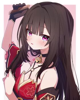 1girl bare_shoulders bell black_choker black_gloves black_hair blush breasts brushing_hair choker cleavage comb commentary_request gloves hair_down highres holding honkai:_star_rail honkai_(series) jingle_bell long_hair looking_at_viewer neck_bell o-ring sasanekomaru solo sparkle_(honkai:_star_rail) upper_body