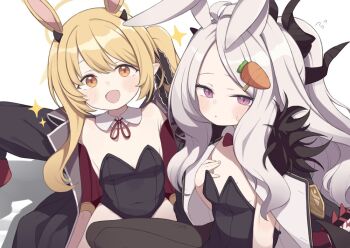 2girls animal_ears armpits arms_up black_coat black_leotard black_pantyhose black_ribbon blonde_hair blue_archive blush bow bowtie breasts brown_eyes carrot_hair_ornament coat coat_on_shoulders collar commentary covered_navel demon_girl demon_horns detached_collar embarrassed flying_sweatdrops food-themed_hair_ornament gamuo grey_hair hair_ornament hairclip hand_on_own_chest hina_(blue_archive) horns ibuki_(blue_archive) leotard long_hair looking_at_viewer multiple_girls open_mouth oversized_clothes pantyhose pink_eyes playboy_bunny pointy_ears ponytail rabbit_ears rabbit_girl red_bow red_bowtie ribbon side_ponytail sitting sleeves_past_wrists small_breasts small_horns smile sparkle strapless strapless_leotard symbol-only_commentary thighs very_long_hair white_collar