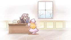 1boy 1girl absurdres animated audible_music audible_speech bare_tree bell blonde_hair book bow bowtie capelet chair cherry_blossoms clock closed_eyes closed_mouth commentary dress fairy fairy_wings falling_petals flower flying flying_sweatdrops glasses grey_hair hand_on_own_cheek hand_on_own_face hat hat_bow highres indoors interior japanese_audio japanese_clothes lily_white long_hair long_sleeves mirae_somang morichika_rinnosuke music on_chair open_book open_mouth perfect_cherry_blossom petals pile_of_books pink_capelet pink_dress pink_flower pink_hat pink_petals reading red_bow red_bowtie shadow shoes short_hair sitting smile sound tagme touhou tree video walking window wings