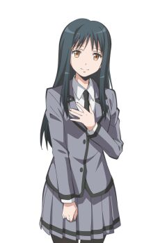1girl anime_coloring ansatsu_kyoushitsu black_hair black_necktie breasts brown_eyes clenched_hand closed_mouth collared_shirt cowboy_shot grey_skirt hand_on_own_chest higami_aya highres kanzaki_yukiko kunugigaoka_middle_school_uniform long_hair long_sidelocks long_sleeves looking_at_viewer necktie official_art open_hand school_uniform shirt sidelocks simple_background skirt smile solo standing tachi-e transparent_background white_shirt