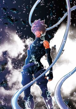 1boy artist_request bare_shoulders black_gloves blood blood_on_hands brown_eyes brown_hair closed_mouth commentary_request detached_sleeves fingerless_gloves floating_headband floating_rock gau_ban gloves hair_between_eyes headband highres looking_at_viewer male_focus muscular muscular_male parted_bangs rock shadow_skill short_hair solo spiked_hair upper_body white_headband