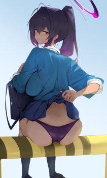 1girl absurdres bag black_hair blue_archive blue_cardigan breasts cardigan clothes_lift dark-skinned_female dark_skin deep_skin dokshuri facing_viewer halo highres holding holding_panties holding_underwear karin_(blue_archive) karin_(school_uniform)_(blue_archive) large_breasts lifting_own_clothes long_hair looking_at_viewer looking_back panties ponytail presenting_removed_panties purple_panties school_bag school_uniform bad_tag shirt_lift shy sitting skindentation skirt skirt_lift sweatdrop underwear yellow_eyes