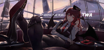 Rule 34 | 1girl, absurdres, aircraft, airplane, airport, awei chaoyong, black pantyhose, black wings, cloud, commentary request, corded phone, demon girl, demon wings, feet, fisheye, foot focus, footrest, foreshortening, greek toe, hat, head wings, high heels, highres, holding, holding phone, indoors, jet airliner, koakuma, legs, light smile, looking at viewer, no shoes, pantyhose, parted lips, phone, red eyes, red hair, shoe dangle, shoe soles, shoes, single shoe, sky, soles, solo, thighband pantyhose, toes, touhou, trans world airlines, twilight, window, wings