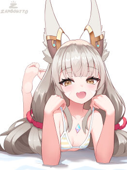 1girl absurdres animal_ear_fluff animal_ears artist_name barefoot blunt_bangs blush breasts cat_ears chest_jewel commentary facial_mark fang feet grey_hair highres long_hair low_twintails lying nia_(xenoblade) on_stomach open_mouth skin_fang small_breasts soles solo the_pose toes twintails xenoblade_chronicles_(series) xenoblade_chronicles_2 yellow_eyes zambonito
