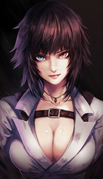 Rule 34 | 1girl, black hair, blue eyes, breasts, closed mouth, collarbone, collared shirt, commentary request, devil may cry, devil may cry (series), devil may cry 3, heterochromia, highres, jewelry, lady (devil may cry), large breasts, looking at viewer, necklace, re (re 09), red eyes, revision, scar, scar on face, scar on nose, shirt, short hair, solo, upper body, white shirt