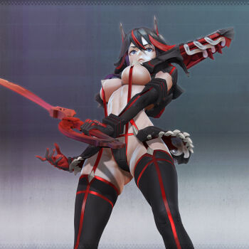 1girl 3d absurdres armpits black_hair blue_eyes boots breasts cameltoe cleavage covered_erect_nipples high_heel_boots high_heels highres katana kill_la_kill large_breasts leslyzerosix long_hair looking_at_viewer matoi_ryuuko red_hair sword thigh_boots thighhighs weapon