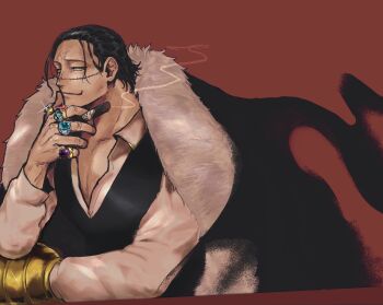 1boy black_vest cigar coat coat_on_shoulders crocodile_(one_piece) devil_fruit_power f4ylu highres holding holding_cigar hook_hand jewelry looking_at_viewer one_piece red_background ring sand shirt simple_background smile solo stitched_face stitches upper_body vest white_shirt