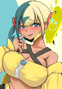 1girl akaomisn aqua_hair bandeau black_mask blonde_hair blue_eyes blush canari_(pokemon) center-flap_bangs criss-cross_straps dark-skinned_female dark_skin highres jacket mask mask_pull mega_stone mouth_mask multicolored_hair navel nintendo pokemon pokemon_legends:_z-a raised_inner_eyebrows short_twintails solo split-color_hair twintails two-tone_mask upper_body yellow_bandeau yellow_jacket yellow_mask