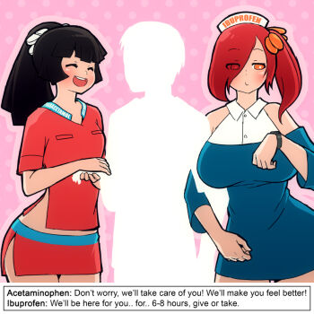 1boy 2girls :> ^_^ artist_self-insert bad_id bad_tumblr_id black_hair blush breasts closed_eyes commentary dress english_text faceless faceless_male hair_ornament hair_over_one_eye hat ibuprofen large_breasts locked_arms medicine mike_inel miniskirt multiple_girls nurse nurse_cap orange_eyes original paracetamol pencil_skirt personification pill ponytail red_hair short_dress side_ponytail silhouette skirt small_breasts smile subtitled valentine watch wristwatch