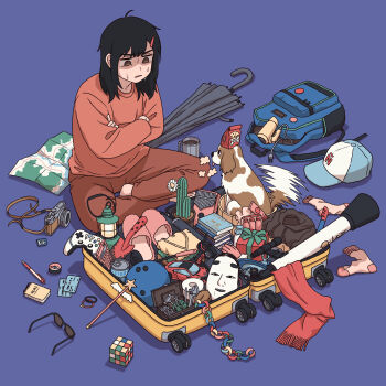 1girl absurdres animal backpack bag ball baseball_cap black_hair book bowling_ball box brown_eyes cactus calculator camera can canned_food commentary_request controller crossed_arms dog folded_clothes game_controller gift gift_box hair_dryer hair_ornament hairclip hat highres lantern map mask minobe_ghenki nervous_sweating original pants paper_chain pen purple_background red_pants red_scarf red_shirt rolling_suitcase rubik's_cube scarf screwdriver shirt simple_background sitting slippers solo suitcase sunglasses sweat telescope umbrella unworn_backpack unworn_bag unworn_scarf wand wrench