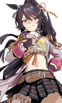 1girl absurdres belt black_gloves black_skirt blush breasts brown_belt chest_sarashi closed_mouth commentary ear_ornament fingerless_gloves franz2543 gauze_on_nose gloves grey_jacket hand_on_own_hip highres horse_girl horse_tail jacket large_breasts long_hair looking_at_viewer midriff miniskirt mouth_hold narita_brian_(maverick)_(umamusume) narita_brian_(umamusume) navel open_clothes open_jacket pleated_skirt ponytail rope sarashi shimenawa simple_background skirt smile solo stalk_in_mouth tail umamusume white_background