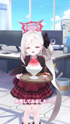 1girl 3d animated belt black_belt black_capelet black_flower black_shirt blue_archive blush capelet chair closed_eyes desk flower food frilled_skirt frills hair_flower hair_ornament halo highres hot_sauce ice_cream incoming_food indoors long_hair looking_at_viewer monitor mutsuki_(blue_archive) neck_ribbon office office_chair open_mouth pink_eyes pointy_ears pov purple_eyes red_halo red_ribbon red_skirt ribbon shaved_ice shirt short_sleeves side_ponytail skirt smile solo sound swivel_chair tagme thigh_strap trash_can upper_body video voice_actor white_hair yellow_buttons