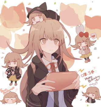 1girl 2020 =_= animal_balloon animal_ear_hood animal_ears backpack bag black_jacket black_pantyhose blunt_bangs bow breasts buttons cat cat_ears chibi chibi_on_head closed_mouth collared_shirt commentary_request confetti cosplay danganronpa_(series) danganronpa_2:_goodbye_despair dated dot_nose dress_shirt english_text eyelashes fake_animal_ears flying_sweatdrops hair_bow hair_ornament hairclip hand_on_own_cheek hand_on_own_face happy happy_birthday head_only heart holding holding_detached_steering_wheel holding_tablet_pc hood hood_down hood_up hooded_jacket jacket large_breasts light_blush long_sleeves looking_ahead medium_hair miniskirt monomi_(danganronpa) monomi_(danganronpa)_(cosplay) motion_lines multicolored_jacket multiple_views nanami_chiaki neck_ribbon no_mouth on_head one_eye_closed open_clothes open_jacket pantyhose pink_bag pink_eyes pink_hair pink_ribbon pink_shoes playing_games pleated_skirt puffy_long_sleeves puffy_sleeves rabbit_ears red_bow ribbon rubbing_eyes sakura_(fein5862817) shirt shoes shout_lines sidelocks skirt sleepy smile sparkle speech_bubble split-color_clothes spoken_heart squeans standing sweatdrop sweater_jacket tablet_pc twitter_username two-tone_jacket v-shaped_eyebrows white_background white_jacket white_shirt yellow_skirt zipper_pull_tab