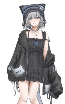 Rule 34 | 1girl, animal hat, bare legs, bare shoulders, beanie, black dress, black hoodie, black ribbon, blue eyes, blush, cat girl, cat hat, cat tail, closed mouth, collarbone, commentary, commentary request, cowboy shot, dress, frilled dress, frills, grey hair, hair between eyes, hat, head tilt, hood, hood down, hoodie, indie virtual youtuber, jewelry, legs, long sleeves, nachoneko, necklace, open clothes, open hoodie, oversized clothes, paw print, plaid clothes, plaid dress, ribbon, short dress, short hair, sidelocks, simple background, single bare shoulder, single off shoulder, sleeves past fingers, sleeves past wrists, smile, solo, standing, star (symbol), star necklace, strap slip, striped hat, tail, virtual youtuber, vrmm8824, white background