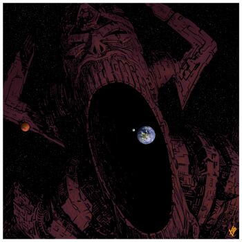 alien black_border border earth_(planet) eating eldritch_abomination fake_horns fantastic_four galactus galaxy giant helmet highres horned_helmet horns imminent_vore letterboxed mars_(planet) marvel monochrome monster moon no_humans open_mouth planet scenery science_fiction signature size_difference solo space spacecraft star_(sky) thoskisson weapon wings you_gonna_get_eaten