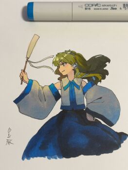 Rule 34 | 1girl, art tools in frame, bare shoulders, blue skirt, collared shirt, detached sleeves, frog hair ornament, from side, gohei, green eyes, green hair, hair intakes, hair ornament, hair tubes, hand on own hip, highres, holding, holding gohei, kochiya sanae, long hair, long sleeves, looking to the side, marker (medium), photo (medium), profile, shiratama (hockey), shirt, signature, simple background, single hair tube, single sidelock, skirt, skirt set, sleeveless, sleeveless shirt, smile, snake hair ornament, solo, touhou, traditional media, upper body, white background, wide sleeves