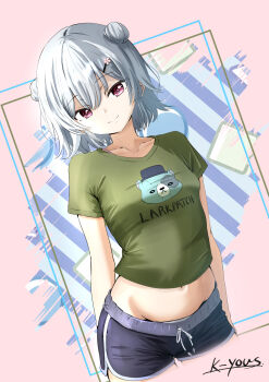 1girl animal_print arms_at_sides artist_name black_shorts breasts cevio closed_mouth commentary_request cowboy_shot crew_neck crop_top cropped_shirt dolphin_shorts double-parted_bangs double_bun drawstring dutch_angle green_shirt grey_hair groin hair_bun hair_ornament hairclip highres k-yous koharu_rikka looking_at_viewer midriff navel pink_eyes print_shirt shirt short_hair short_shorts short_sleeves shorts signature small_breasts smile solo standing straight_hair synthesizer_v t-shirt tied_drawstring