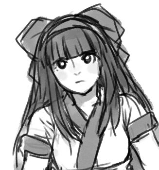 Rule 34 | 1girl, ainu clothes, black hair, breasts, expressionless, hair ribbon, highres, long hair, looking at viewer, monochrome, nakoruru, ribbon, samurai spirits, small breasts, snk, solo, the king of fighters