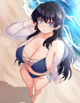 absurdres arato_nagi barefoot bikini black_hair blue_bikini blue_eyes breasts cleavage closed_mouth commentary cross-laced_bikini cross-laced_clothes curvy earrings english_commentary from_above highres jewelry large_breasts long_hair looking_at_viewer mrrollingcircle multi-strapped_bikini_bottom ruri_no_houseki sand see-through_clothes see-through_sleeves shadow smile solo stud_earrings swimsuit water waves
