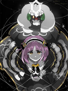 1girl absurdres dress gen_5_pokemon happy_halloween highres holding holding_tera_orb lacey_(fall_2025)_(pokemon) lacey_(pokemon) maid_headdress nintendo official_alternate_costume one_eye_closed pink_hair pokemon pokemon_(creature) pokemon_masters_ex sparkle spot_color tera_orb w0ch1en whimsicott yellow_eyes