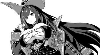 1girl azur_lane azur_lane:_slow_ahead bags_under_eyes black_nails breasts cleavage coat commentary_request dress_ribbon greyscale hand_up hat hori_(hori_no_su) huge_breasts jewelry long_sleeves monochrome multicolored_hair official_art parted_lips pirate pirate_hat queen_anne&#039;s_revenge_(azur_lane) ring simple_background solo streaked_hair white_background