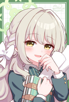 1girl blazer blue_archive blush bow bowtie braid collared_shirt commentary_request dress_shirt green_bow green_halo green_jacket grey_hair hair_between_eyes hair_bow hair_intakes hair_ribbon halo highres jacket long_hair long_sleeves looking_at_viewer maruyama_en medium_skirt miyo_(blue_archive) open_mouth ribbon ribbon_braid school_uniform shirt skirt solo twitter_username very_long_hair wavy_hair white_bow white_ribbon white_shirt yellow_eyes