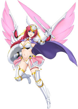 1girl :d angel angel_wings blue_eyes breasts cape choukou_(alicesoft) choukou_taisen_escalation_heroines choukou_tenshi_escalayer cleavage escalayer full_body gluteal_fold hair_ornament highres holding holding_sword holding_weapon kouenji_sayuka large_breasts leg_armor looking_at_viewer navel official_art onigirikun open_mouth purple_cape red_hair smile sword weapon wing_hair_ornament wings