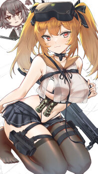 2girls :3 arm_behind_back bare_shoulders bikini black_bikini black_skirt blush breasts brown_hair clothing_cutout commentary cropped_shirt explosive fang full_body girls'_frontline girls'_frontline_2:_exilium grenade gun hair_between_eyes heart heart-shaped_pupils highleg highleg_bikini highres holster large_breasts leaning_forward lenna_(girls'_frontline_2) leva_(girls'_frontline_2) long_hair microskirt multiple_girls navel orange_hair persocon93 pink_eyes pleated_skirt see-through_clothes see-through_shirt shirt side_cutout sitting skirt sleeveless sleeveless_shirt solo_focus stomach submachine_gun swimsuit symbol-shaped_pupils thigh_holster thigh_strap thighhighs thighs twintails ump45_(girls'_frontline) ump9_(girls'_frontline) weapon white_shirt yellow_eyes