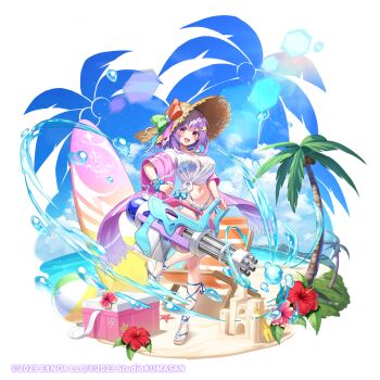 1girl ball beachball bikini blue_bikini bow commentary_request flower hair_ornament hat hat_bow hibiscus highres holding holding_weapon lilia_(twinkle_star_knights) mafuyun navel official_art palm_tree purple_eyes purple_hair sandals see-through_clothes see-through_shirt shirt smile star_(symbol) star_hair_ornament straw_hat surfboard swimsuit tree twinkle_star_knights weapon white_shirt