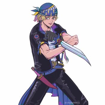 Rule 34 | 1boy, black gloves, black jacket, black pants, blonde hair, brown eyes, changbim13, closed mouth, commentary, cowboy shot, crossed arms, dagger, earrings, english commentary, fighting stance, final fantasy, final fantasy vi, gloves, headscarf, highres, holding, holding dagger, holding knife, holding weapon, jacket, jewelry, knife, light smile, locke cole, male focus, necklace, pants, parted bangs, sash, shirt, short hair, solo, twitter username, waist sash, weapon, white background, white shirt