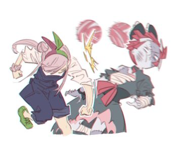 2girls airani_iofifteen anger_vein black_dress blue_overalls bow breasts bruise bruise_on_face chest_sarashi clenched_hands colored_skin commentary_request detached_hair double_bun dress face_punch grey_hair grey_skin hair_bow hair_bun hairband highres hololive hololive_indonesia in_the_face indonesian_commentary injury kureiji_ollie motion_blur motion_lines multicolored_hair multiple_girls overalls patchwork_skin pink_hair punching red_hair sarashi scrunchie side_ponytail sidelocks single_side_bun sleeves_rolled_up small_breasts stitched_face stitched_torso stitches torn_clothes torn_dress two-tone_hair virtual_youtuber wrist_scrunchie yoruny zombie