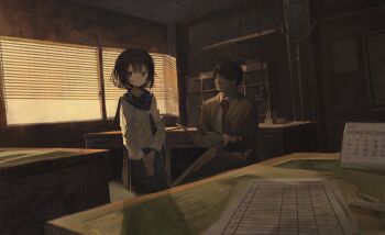 1boy 1girl absurdres black_hair black_neckerchief black_sailor_collar black_skirt bookshelf brown_jacket brown_pants brown_suit business_suit calendar_(object) closed_mouth collared_shirt double-parted_bangs dress_shirt eliot_(eokaitekaite969) faceless faceless_male facing_another formal_clothes grey_eyes highres indoors jacket lapels long_sleeves looking_to_the_side neckerchief necktie original pants parted_bangs red_necktie sailor_collar school school_uniform serafuku shirt short_hair sitting skirt standing suit table white_shirt window