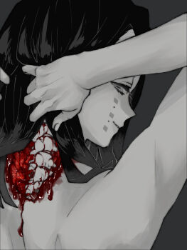 1boy adjusting_hair arms_behind_head arms_up blood colored_tips commentary_request completely_nude demon_boy enmu_(kimetsu_no_yaiba) exposed_bone facial_mark from_behind grey_background greyscale guro half-closed_eyes highres injury kimetsu_no_yaiba light_smile looking_at_viewer looking_back male_focus medium_hair monochrome multicolored_hair nude parted_lips profile simple_background solo sosoyuimo spine spot_color symbol-shaped_pupils tears_facial_mark trap upper_body